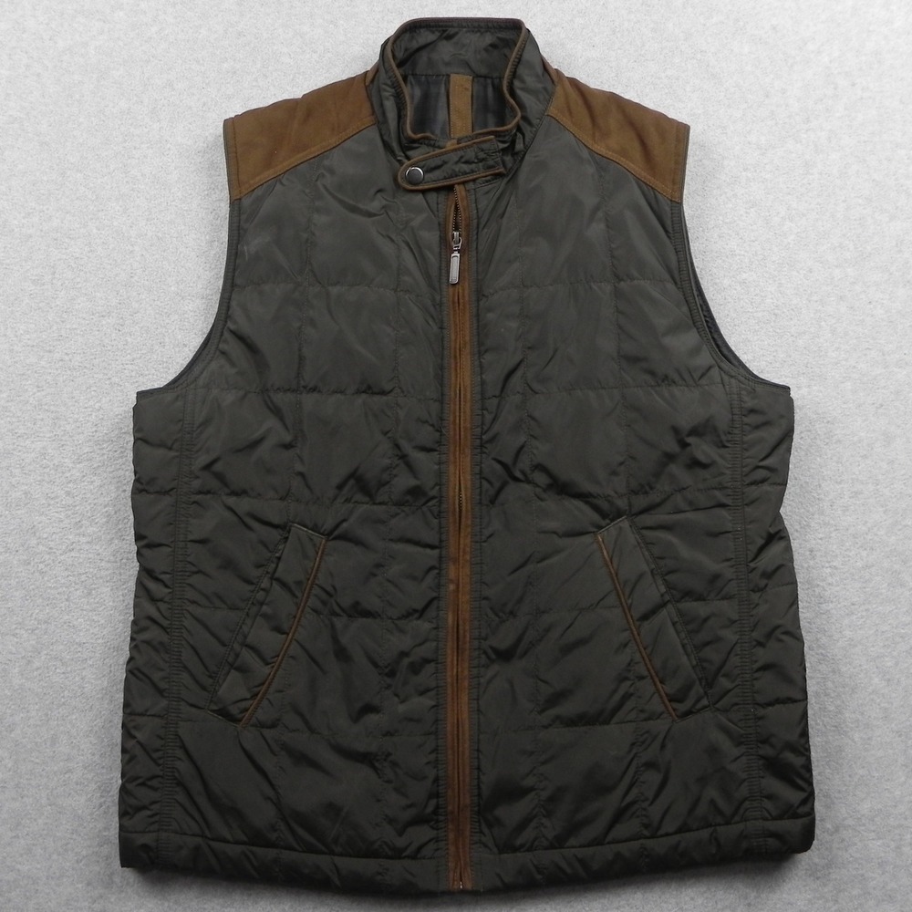 Johnston & Murphy Vest Mens Medium Quilted Puffer Olive Green Brown Trim Padded